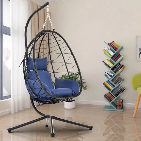 Egg Chair with Stand Indoor Outdoor – Hanging Wicker Swing Chair, Patio Hanging Basket Chair with Cushion, All-Weather Rattan Hammock Chair for Bedroom Living Room Balcony