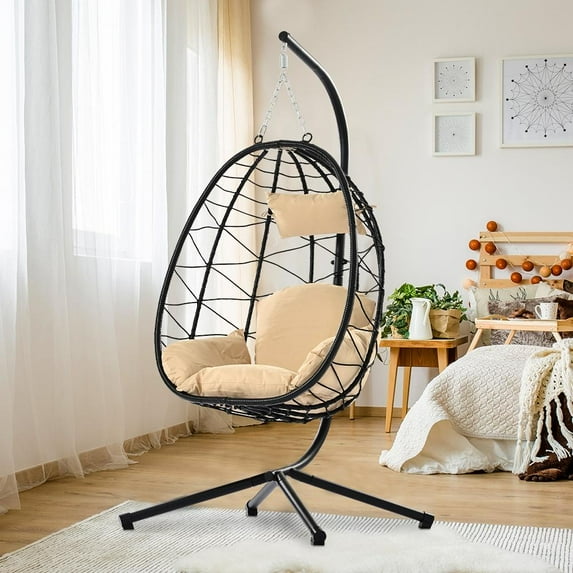 Wicker Hanging Egg Chair with Stand, Hammock Egg Chairs with Hanging Kits, Soft Cushion & Pillow, Large Swing Lounge Chair, Outdoor Indoor Patio Balcony Bedroom Relaxing Basket Chair
