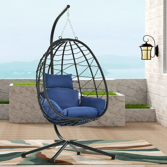 Wicker Hanging Egg Chair with Stand, Hammock Egg Chairs with Hanging Kits, Soft Cushion & Pillow, Large Swing Lounge Chair, Outdoor Indoor Patio Balcony Bedroom Relaxing Basket Chair, B054