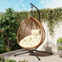 Wicker Hanging Egg Chair with Stand and Non-Slip Foot, Hammock Chair with Soft Cushion and Coated Chain, Outdoor Swing Chairs for Balcony, Bedroom, Garden, Beige and Yellow