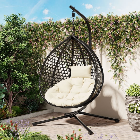 Wicker Hanging Egg Chair with Stand and Non-Slip Foot, Hammock Chair with Soft Cushion and Coated Chain, Outdoor Swing Chairs for Balcony, Bedroom, Garden, Black and Beige