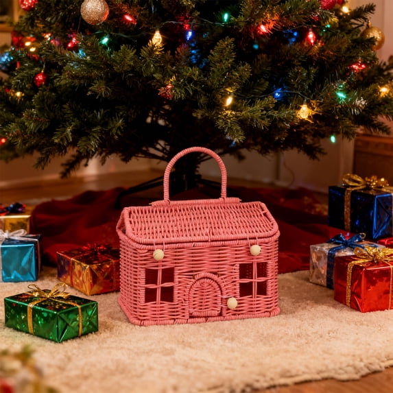 Wicker House Design Gift Basket with Handle,Lidded Mini Cottage Storage Box,Plastic Woven Tote for Holiday Candy Home Table Home Thanksgiving Christmas Decor