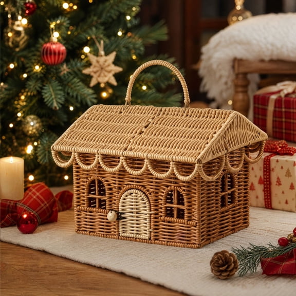 Wicker House Shaped Basket with Lid, Rattan Storage Basket for Picnic or Small Dollhouse, Decorative Woven Basket for Gift Wrapping, Basket Purse