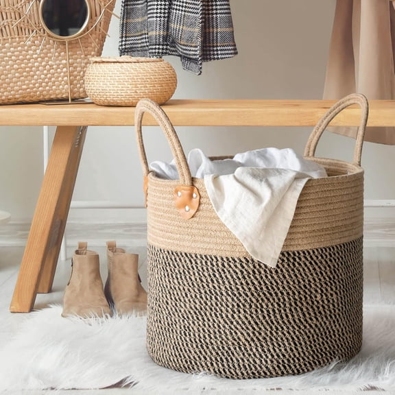 Wicker Laundry Basket With Handles, Storage Baskets for Decor, Rope Basket for Blankets, Toys, Clothes, Shoes, Plant Basket for Living Room, 14" X 14" X 12"
