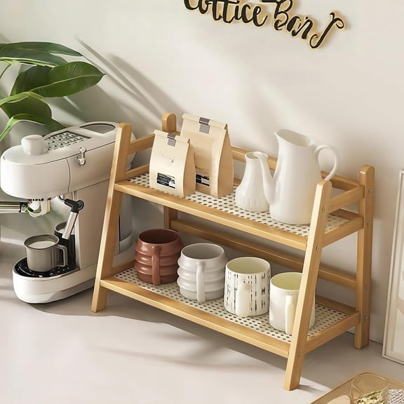 Wicker-Look Coffee Station Organizer, 2 Tier Bamboo Mug Holder Countertop, Condiment Storage Rack, Blonde Oak