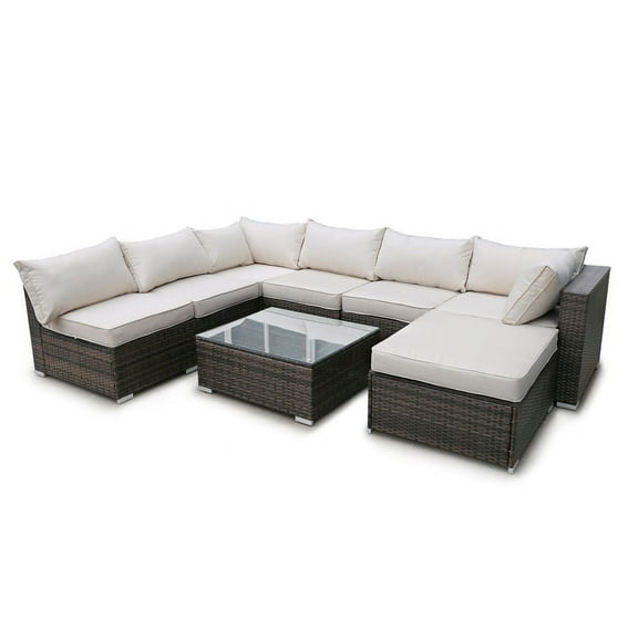 Wicker Loveseat & Patio Chairs & Seating for Dining, 8 Pieces Outdoor Wicker Patio Furniture Set with Seat Cushions & Tempered Glass Coffee, Wicker Sets for Porch Poolside Backyard Garden, S6835