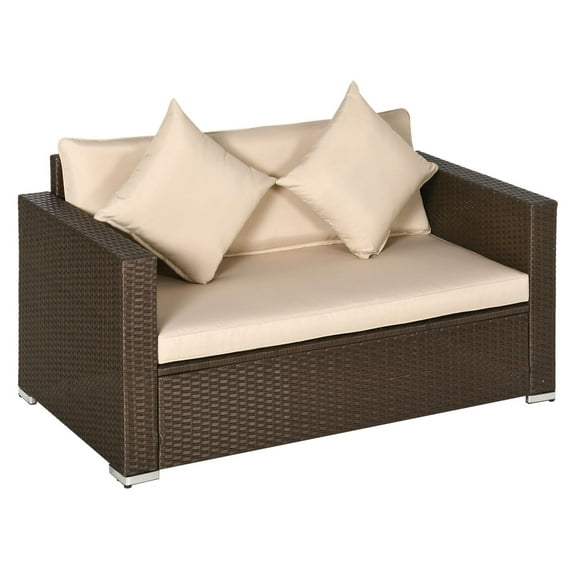 Wicker Loveseat Patio Sofa - 2 Seat Outdoor PE Rattan Couch with Cushions - Beige