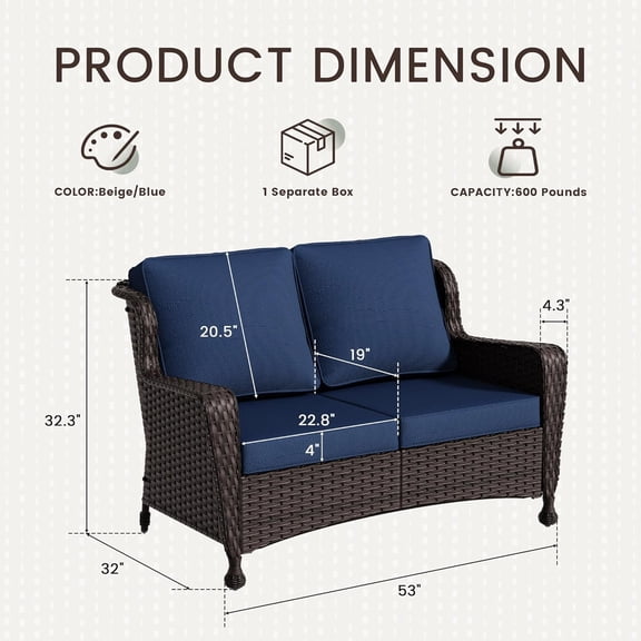 Wicker Loveseat with Cushions, All-Weather Rattan 2- Sofa for Outdoor Garden Balcony