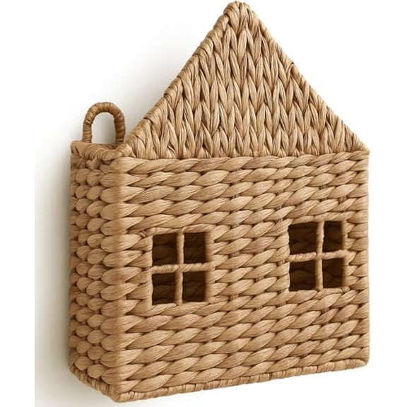 Wicker Magazine Holder Wall Basket Hanging Wall Mount Mail Rack Holder Storage Water Hyacinth House Shaped Woven Hanging Basket for Books & Files with Handle Home Office, 13.8 x 11 Inch