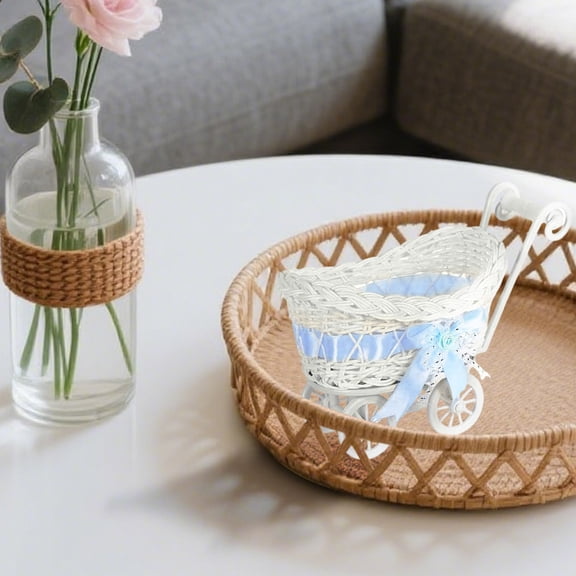 Wicker Mini Carriage Basket for Party Decor - Woven Centerpiece for Candy, Flowers & Gifts - Decorative Stroller Basket with Wheels for Wedding, Birthday & Events(Blue)