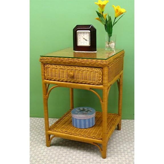 Wicker Night Table  Diamond 1 Drawer with Glass Top, Caramel