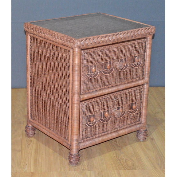 Wicker Night Table, Victorian Beaded 2 Drawer with Inset Glass Top, Teawash