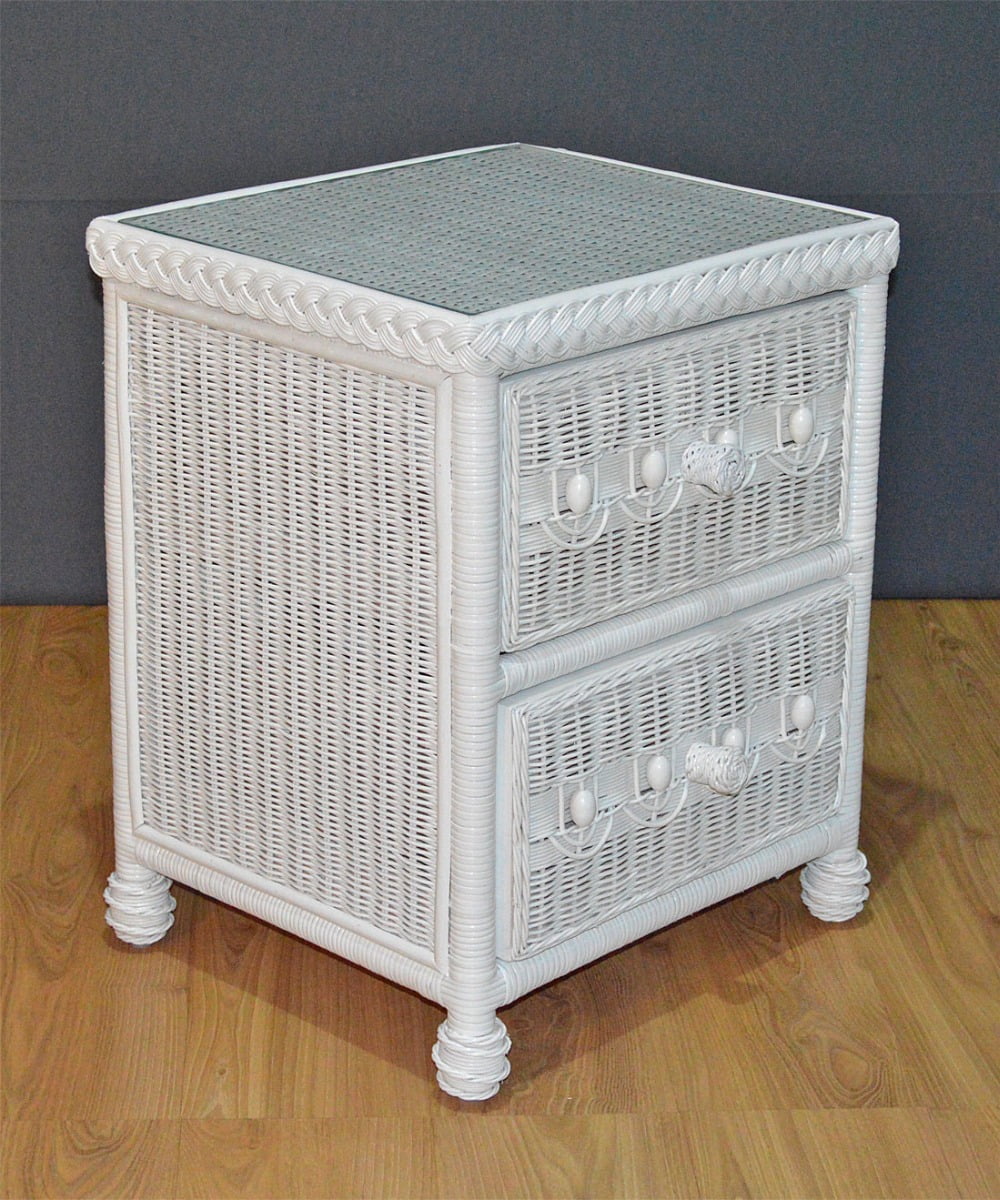 Wicker Night Table, White Victorian 2 Drawer with Inset Glass Top