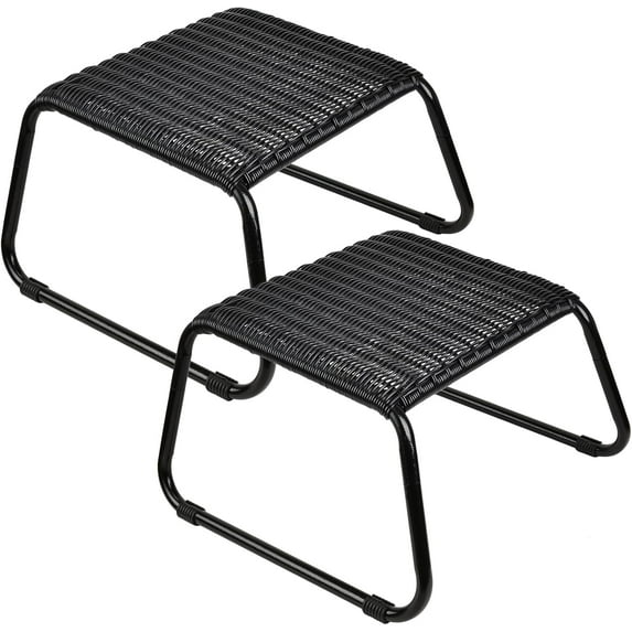 Wicker Ottomans Outdoor Footstool,Patio Rattan Garden Furniture All Weather Foot Stool Outdoor Footrest for Backyard Poolside Porch 2 Set Black