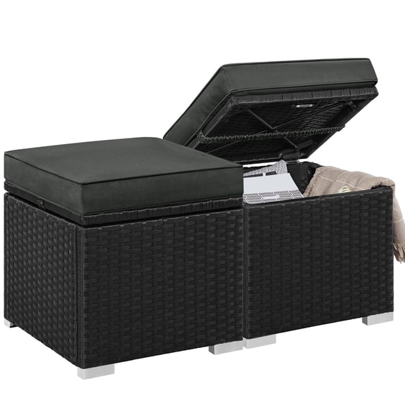 Wicker Ottomans, Set of 2 Patio PE Rattan Side Tables with Hidden Storage & Removable Cushion, Outdoor/Indoor Footstools, Additional Seating for Garden/Balcony/Yard, Black/Gray