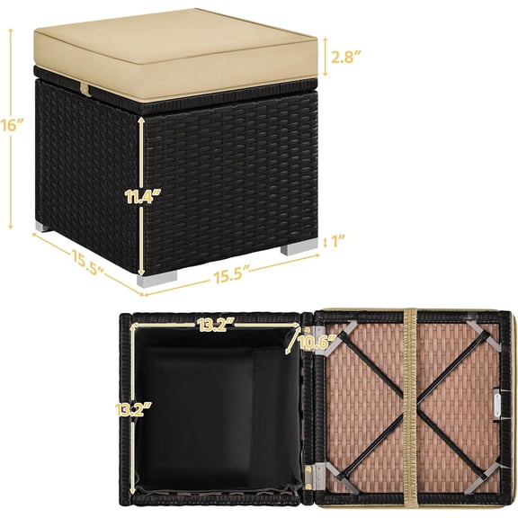 Wicker Ottomans Set of 2 with Hidden Storage and Removable Cushion for Garden