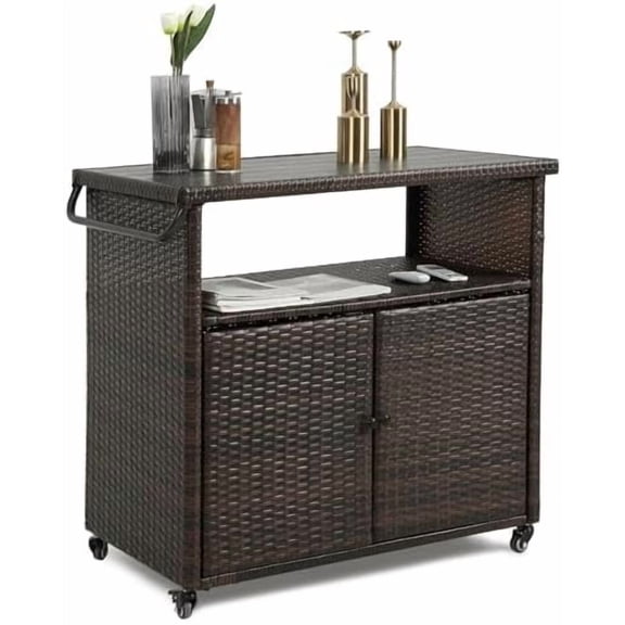 Wicker Outdoor Bar Cart - Brown Patio Console Storage Table Buffet Cabinet Serving Kitchen Cart with Wheels for Outside Backyard$$Garden & Patio
