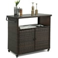 thumbnail image 1 of Wicker Outdoor Bar Cart - Brown Patio Console Storage Table Buffet Cabinet Serving Kitchen Cart with Wheels for Outside Backyard, 1 of 7