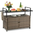 thumbnail image 1 of Wicker Outdoor Bar Cart - Brown Patio Console Storage Table Buffet Cabinet Serving Kitchen Cart with Wheels for Outside Backyard, 1 of 14