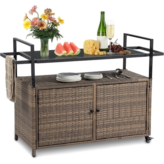 Wicker Outdoor Bar Cart - Brown Patio Console Storage Table Buffet Cabinet Serving Kitchen Cart with Wheels for Outside Backyard