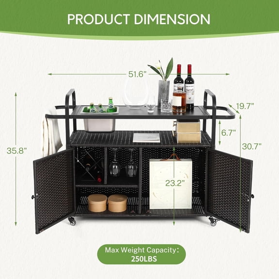Wicker Outdoor Bar Cart with Ice Bucket, Bar Table with 2 Ratten Doors Cabinet and Casters for Grill, Kitchen and Garden,Black