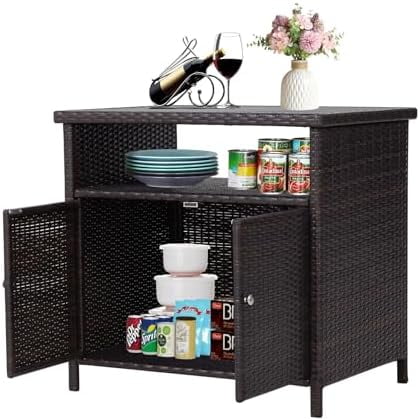 Wicker Outdoor Bar Table with Aluminum Tabletop - Outdoor Storage Cabinet Weather-Proof Rattan Bar Counter Table with Two Doors for Outdoor Cushions, Pool Toys and Garden Tools$$Garden & Patio