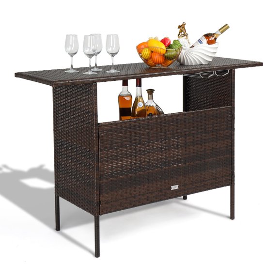 Wicker Outdoor Bar Table With Steel Shelves Stemware Rails Rattan Patio Storage Counter Top Furniture For Backyard Poolside Garden Set Black Brown