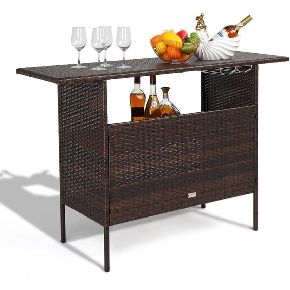 Wicker Outdoor Bar Table with 2 Steel Shelves, Sets of Rails, Rattan Patio Storage for Backyard, Poolside, Garden