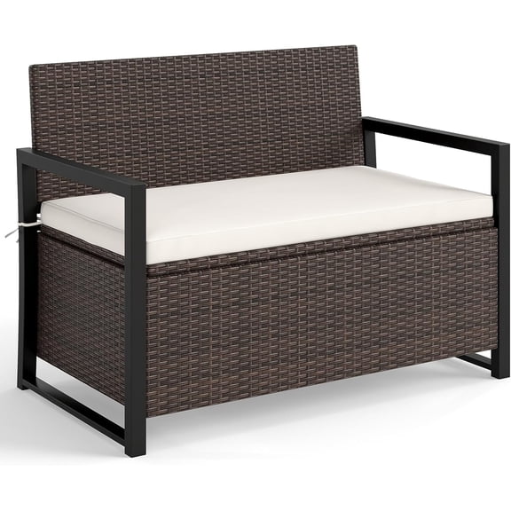 Wicker Outdoor Bench with Storage - Rattan Deck Box w/Protective Liner for Pillows, Pool Supplies, Garden Tools, Patio Loveseat with Seat Cushion & Metal Armrests for Backyard Porch Balcony