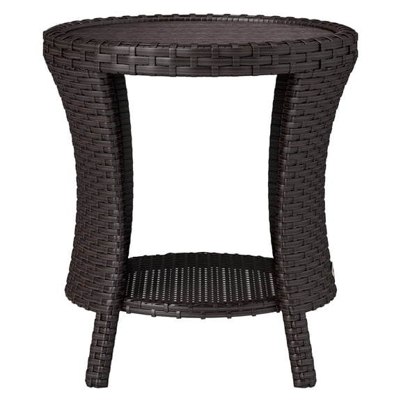 Wicker Outdoor Coffee Table 18", PE Rattan Patio Side Table, 2-Tier Storage, Wood-Plastic Top, Mixed Brown