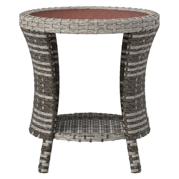 Wicker Outdoor Coffee Table 18", PE Rattan Patio Side Table with Storage, Composite Wood Top, Hourglass Design, Mixed Gray