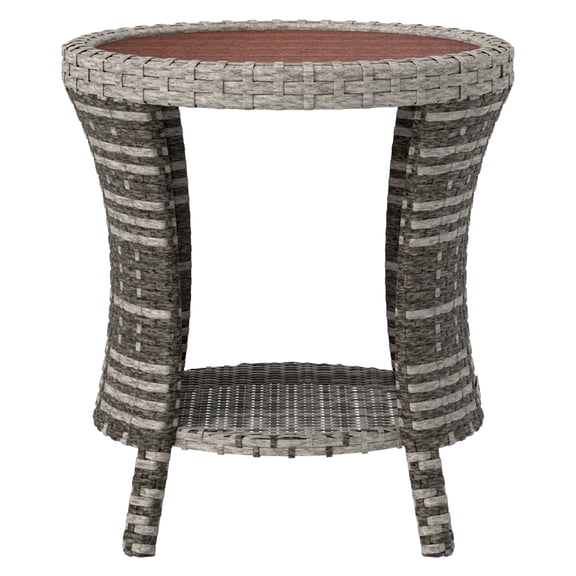 Wicker Outdoor Coffee Table 18", PE Rattan Patio Side Table with Storage, Wood Composite Top, Hourglass Design, Mixed Gray