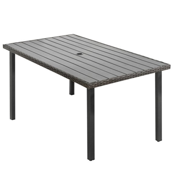 Wicker Outdoor Dining Table with Wood Top, 60" Rectangle Patio Table for 6, Rattan Dining Table with Steel Frame for Backyard Deck Garden, Gray