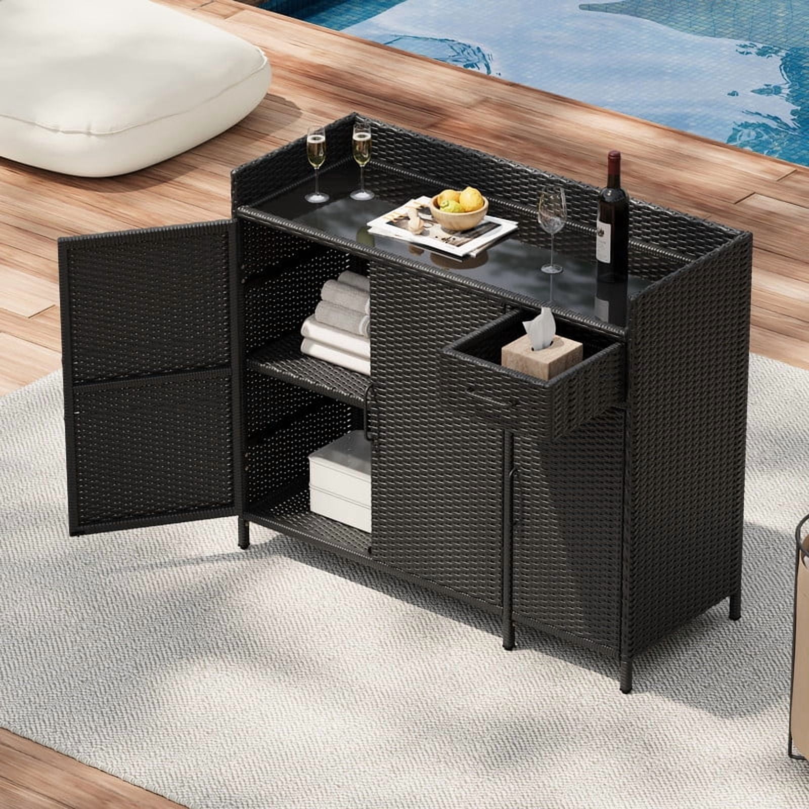 Wicker Outdoor Kitchen Island with Tempered Glass Desktop and Adjustable Shelf, Rattan Bar Table Storage Cabinet with 1 Drawer and 3 Doors