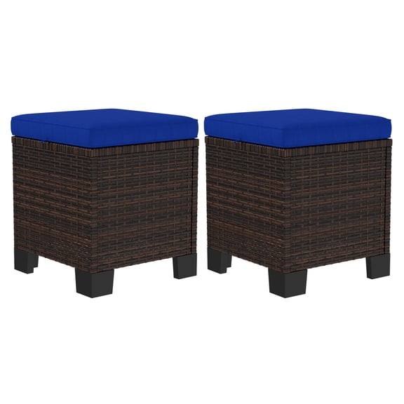 Wicker Outdoor Ottomans 2-Piece Set, Rattan Footrest, Patio Side Table, Cushioned, Dark Blue