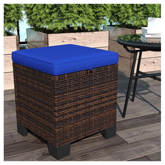 Wicker Outdoor Ottomans 2 Piece Set, Rattan Footrest with Cushions, Patio Side Table, Dark Blue
