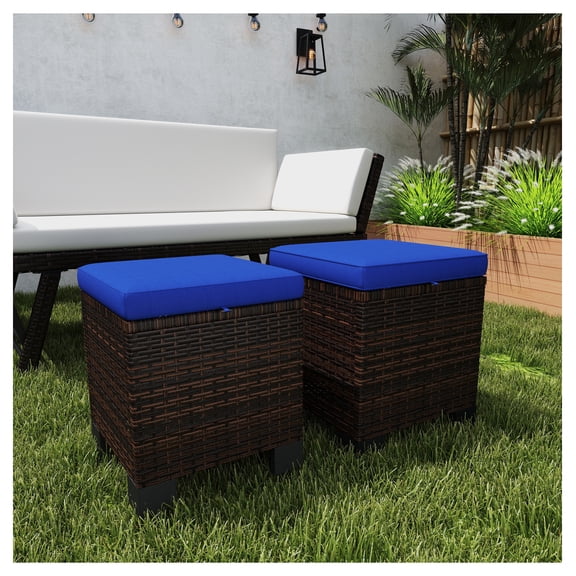 Wicker Outdoor Ottomans 2 Piece Set with Cushions, Rattan Footrest Side Table for Patio, Yard, Dark Blue