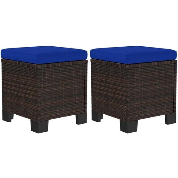 Wicker Outdoor Ottomans with Cushions, Rattan Ottoman Footrest & Side Table for Patio Yard Poolside, Dark Blue