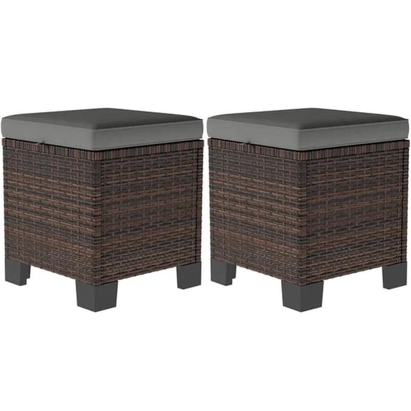 Wicker Outdoor Ottomans with Cushions, Rattan Ottoman Footrest & Side Table for Patio Yard Poolside, Gray