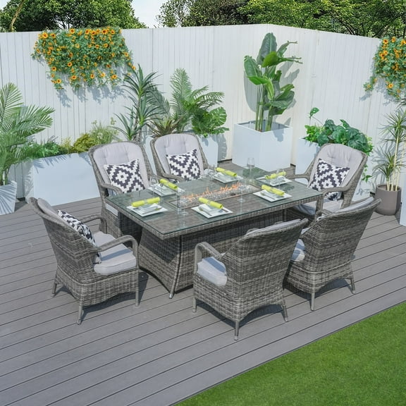 Direct Wicker Outdoor Patio 6-Seat Rectangular Fire Pit Dining Table Set and Rattan Chair, Gray