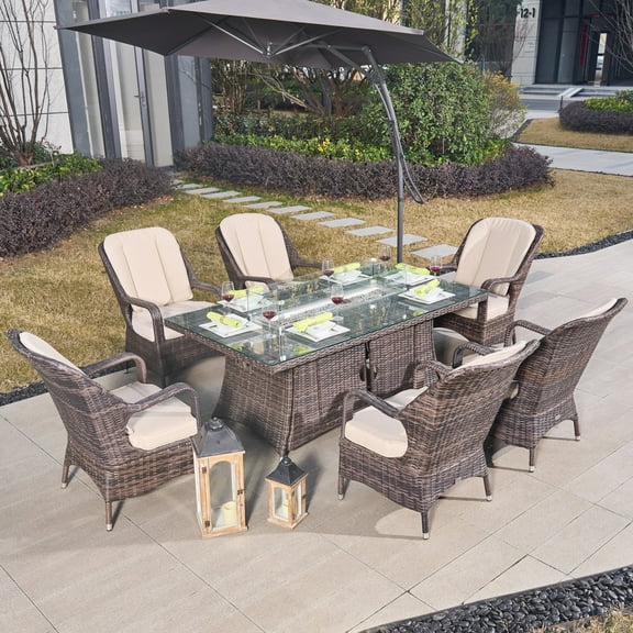 Direct Wicker Outdoor Patio 6-Seat Rectangular Fire Pit Dining Table and Rattan Chair, Brown