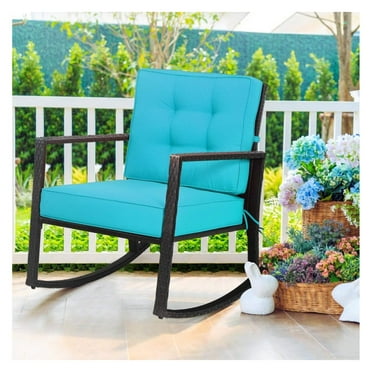 Wicker Outdoor Rocking Chair - All Weather Rattan Rocker Patio Chair w/Steel Frame Removable Cushions & Armrest, Rocker Chair Outdoor Furniture for Backyard Porch Poolside (1, Turquoise)