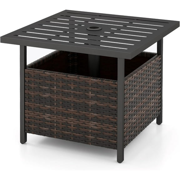 Wicker Outdoor Side Table with Umbrella Hole, Small Patio Rattan Square End Table for Garden Porch, Dark Brown