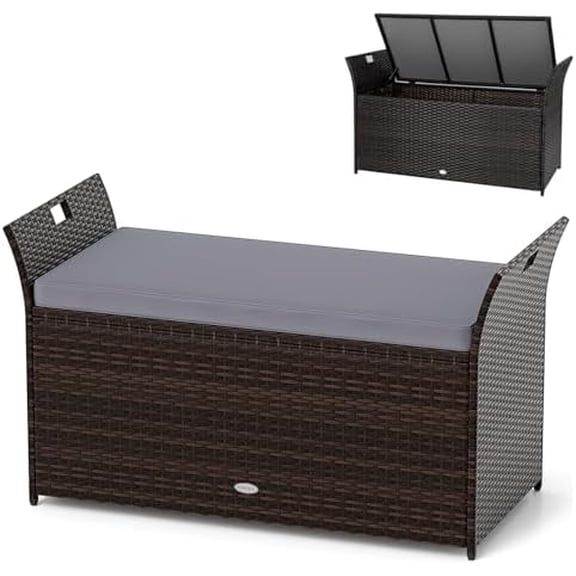 Wicker Outdoor Storage Bench - 68 Gallon Rattan Deck Box w/Side Handles & Soft Cushion for Pillows, Garden Tools, Pool Accessories, Sports Equipment, Patio Bench with Storage for Porch