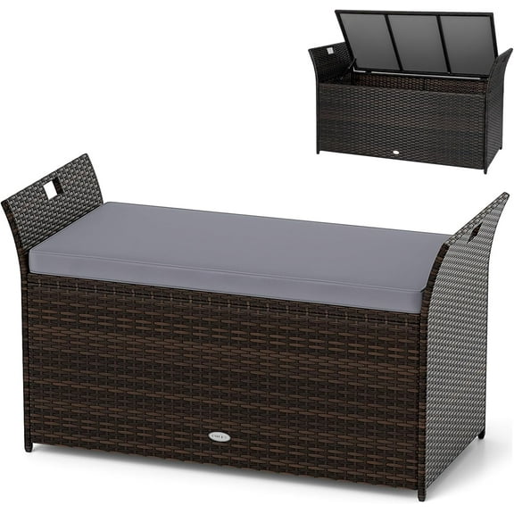 Wicker Outdoor Storage Bench - 68 Gallon Rattan Deck Box w/Side Handles & Soft Cushion for Pillows, Garden Tools, Pool Accessories, Sports Equipment, Patio Bench with Storage for Porch