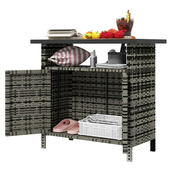 Wicker Outdoor Storage Cabinet - Patio Deck Storage with Doors & Shelf - Pool Towel Storage - Mixed Gray