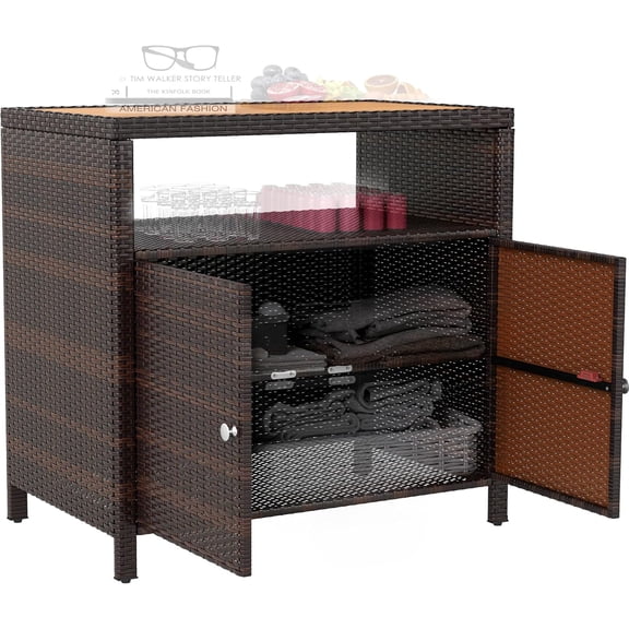 Wicker Outdoor Storage Cabinet, Rattan Bar Table with Acacia Wood Countertop, 2 Doors and Shelf, Buffet Cabinet Sideboard for Poolside, Garden, Patio, Backyard, Brown