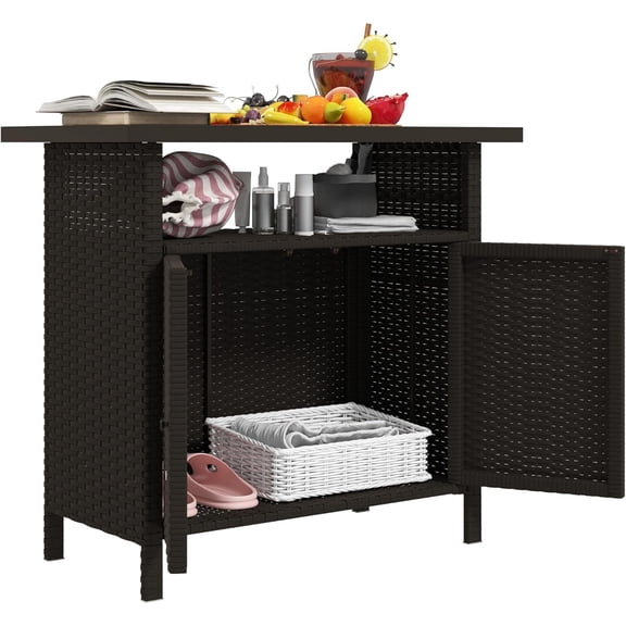 Wicker Outdoor Storage Cabinet, Rattan Outdoor Bar Table with 2 Doors and Shelf, Outdoor Buffet Cabinet Sideboard with Metal Slatted Countertop for Poolside, Patio, Backyard, Dark Coffee