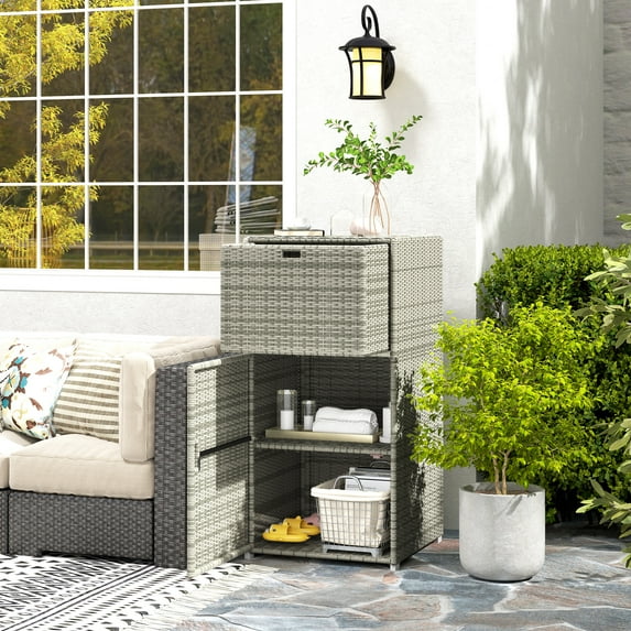 Wicker Outdoor Storage Cabinet - Rattan Pool Towel Rack Patio Furniture Outside Organizer for Porch Deck, Garden Tool & Hot Tub Accessory Storage, Rattan Wicker Pool Storage Bins (Gray)