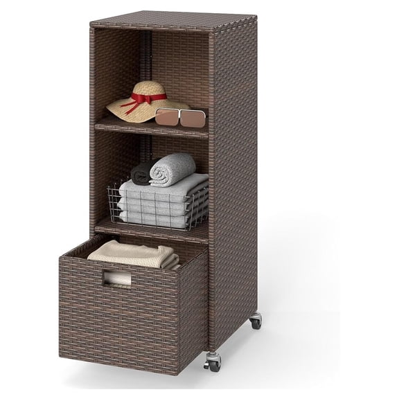 Wicker Outdoor Storage Cabinet - Rattan Pool on Wheels w/Shelves and Drawer, Tall Patio Furniture Outside Caddy Organizer for Porch Deck, Garden & Hot Tub Accessory Storage